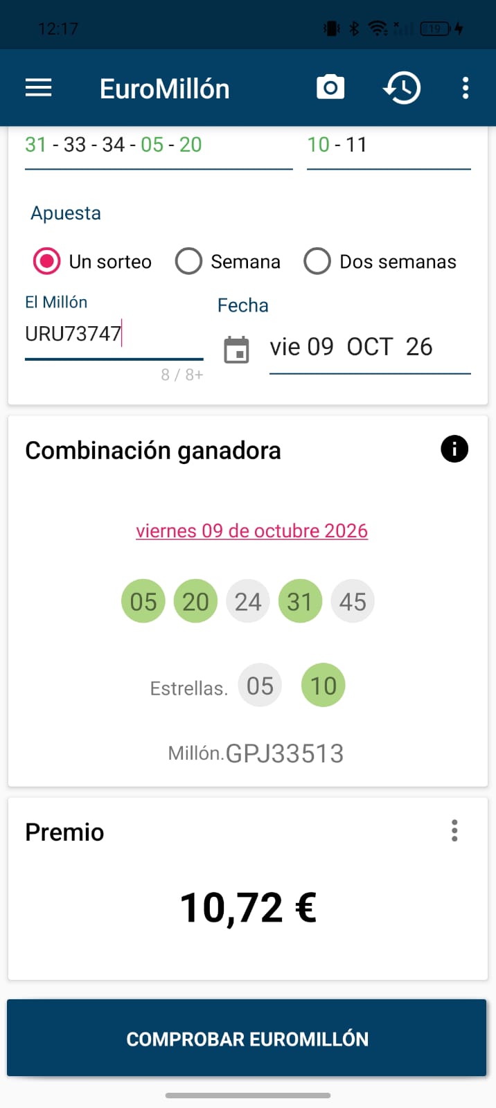 Resultado de una apuesta de EuroMillón: tres números y una estrella acertados, premio de 10,72 euros