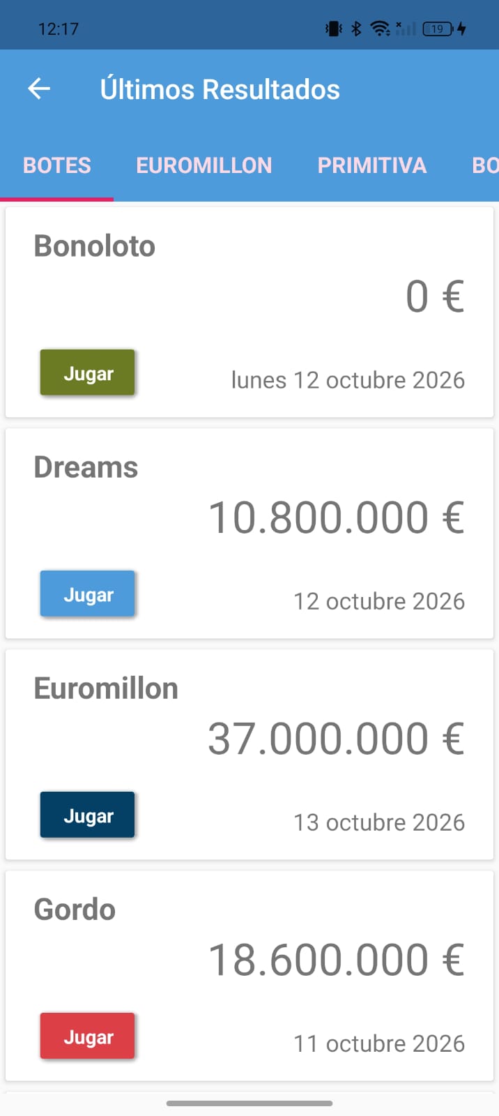 Pantalla de últimos resultados de la app con el bote de varios sorteos